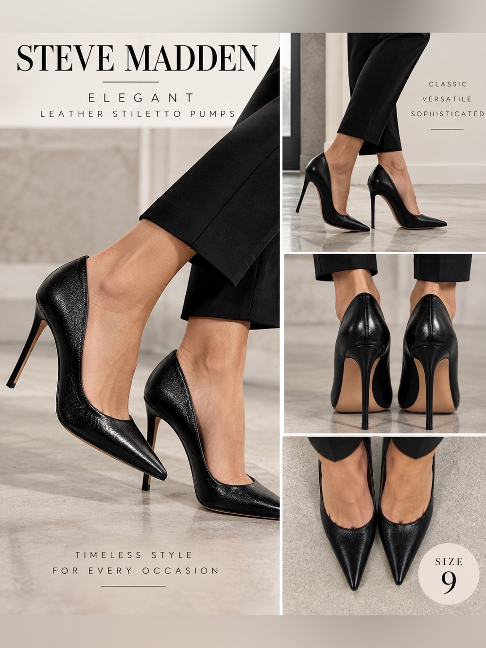 Steve Madden Elegant Black Leather Pointed Toe Stiletto Heels Pumps Size 9 NIB